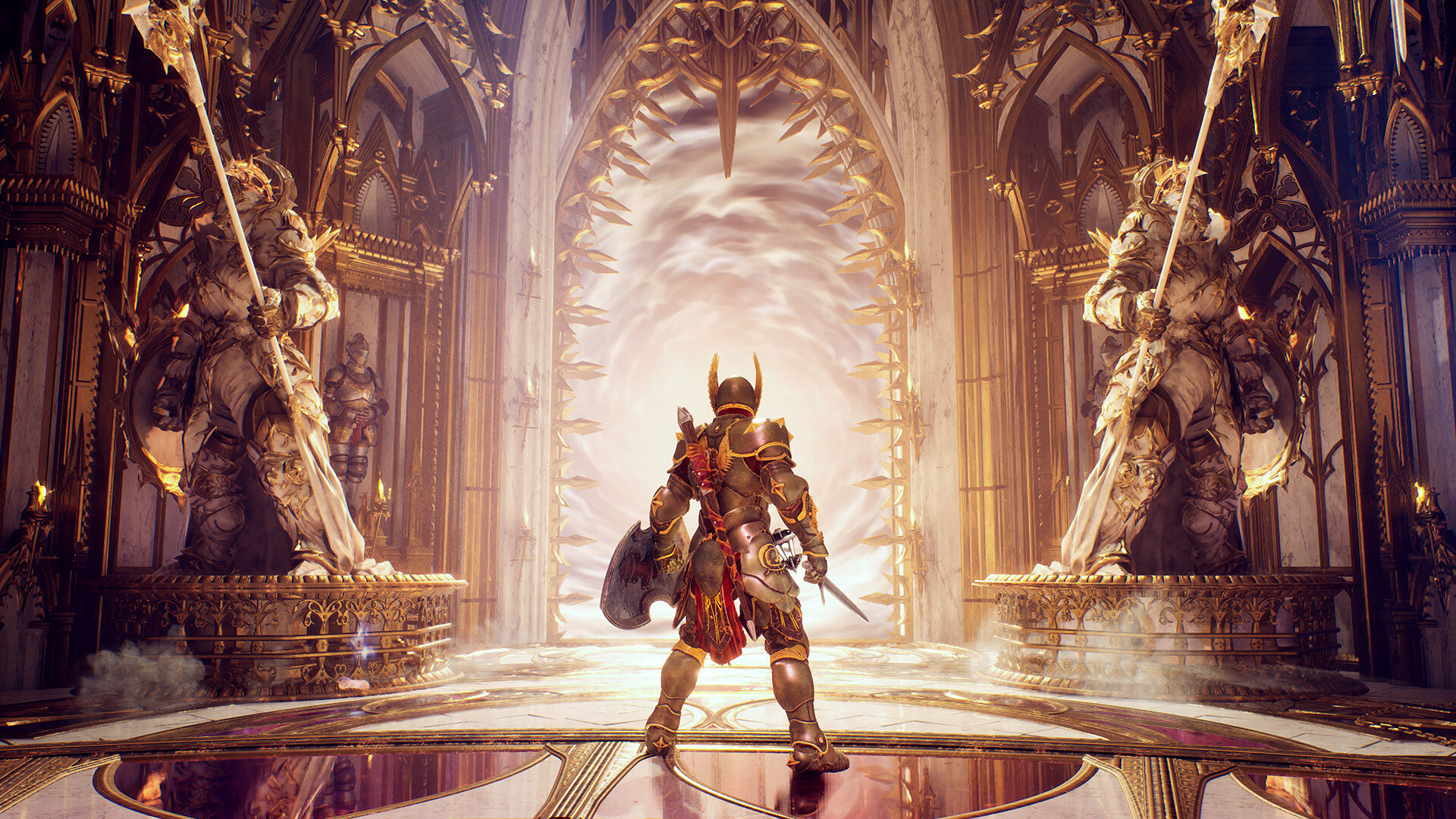 A Nephilim facing a radiant gate inside Sanctus Clypeus