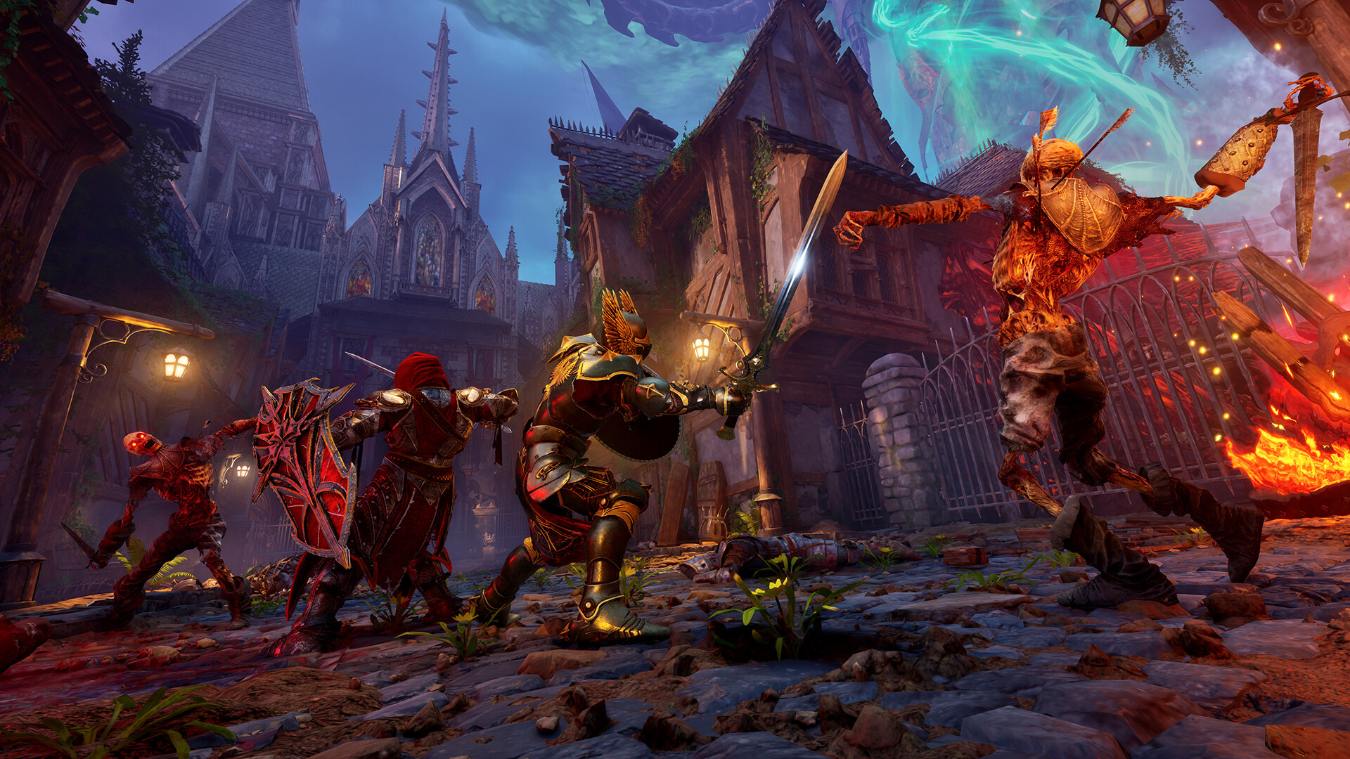 Two Nephilim fighting Hellgrowth enemies in an official Crimson Moon screenshot